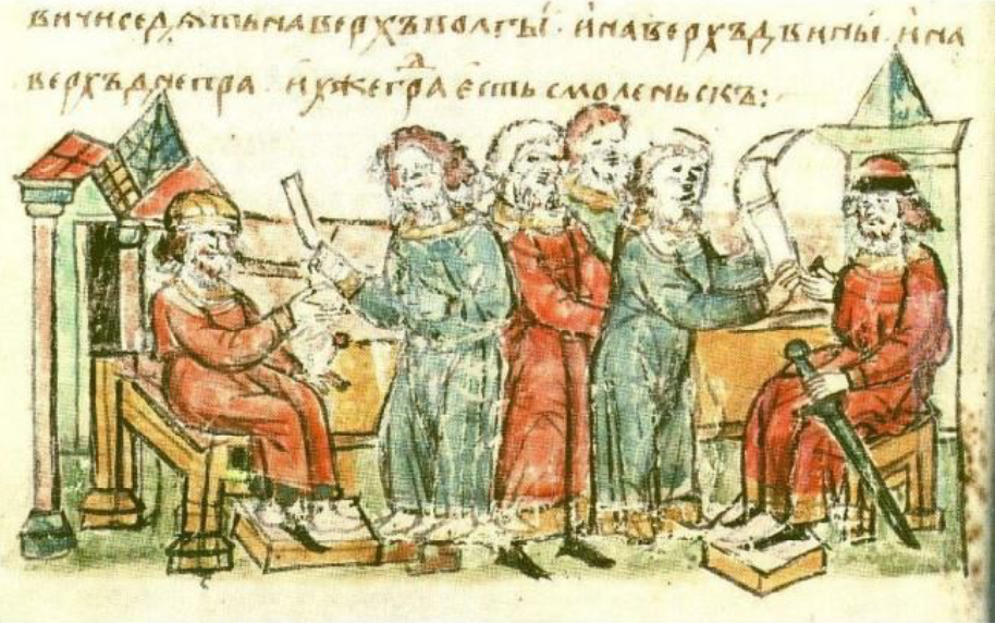 Князь выправуе пасольства (мініятура з Радзівілаўскага летапісу, 15 ст.)